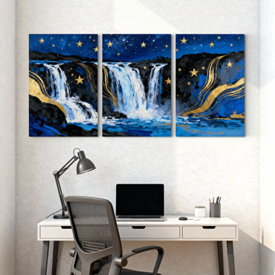 Abstract Starry Night Waterfall Golden Streams Set of 3 Canvas Wall Art Prints
