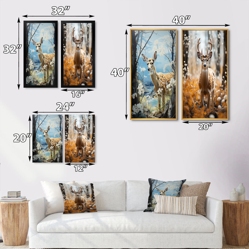 «Deer Graceful Fawn Pastoral», 2 pièces, H 32 po x l 32 po, Cadre blanc