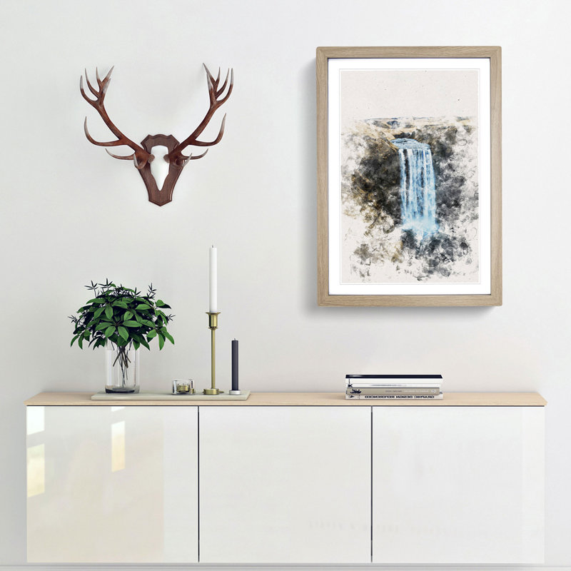 Skogafoss Waterfall Iceland - Picture Frame Painting Print, 87cm H x 62cm W x 2cm D, Oak Framed