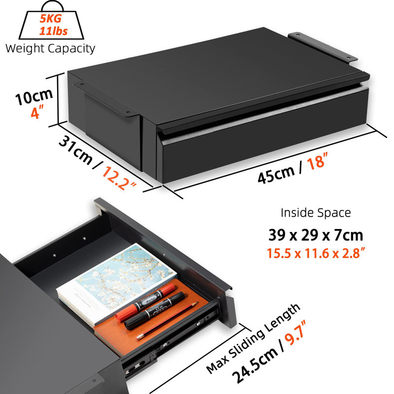 10cm H x 45cm W Desk, Black