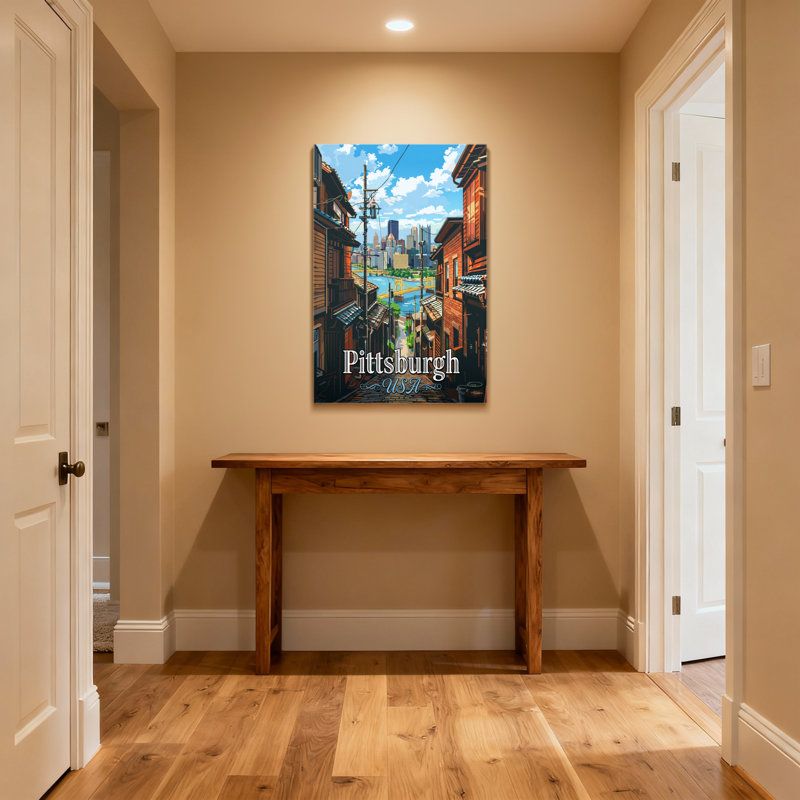 Paysages pittoresques et urbains avec rivière et bâtiments Pittsburgh, H 12 po x l 18 po, Toile tendue, Ne s’applique pas