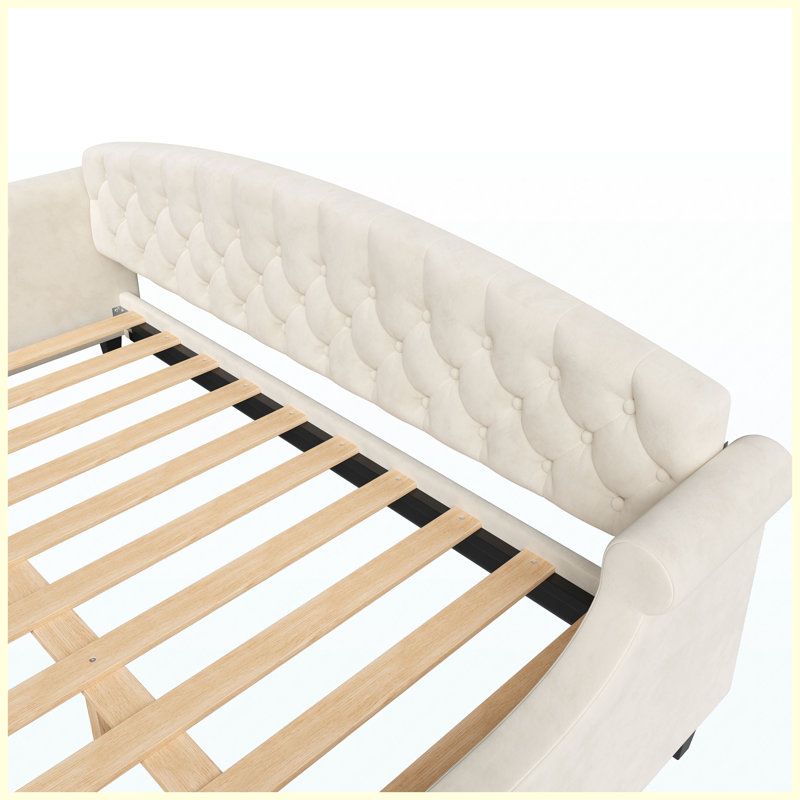 Grand lit de jour moderne capitonné à boutons capitonné de luxe, beige, pour la chambre du salon