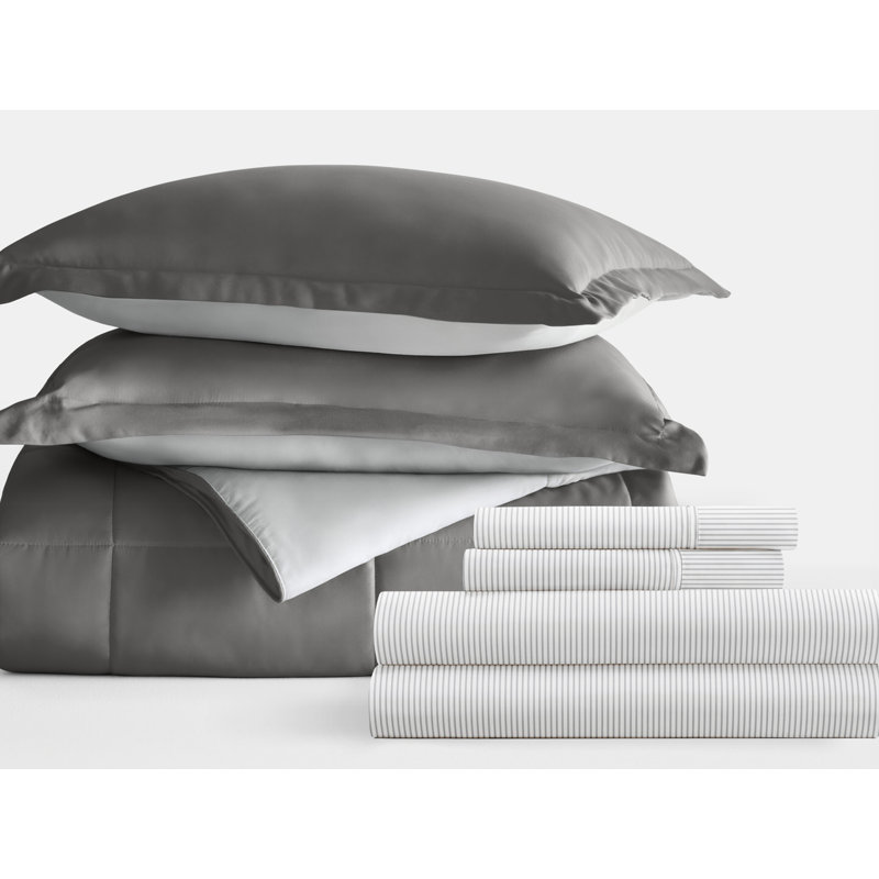 7-Piece Reversible Bedding Bundle - Solid Comforter and Patterned Sheet Set, Full Comforter + 1 Additional Piece