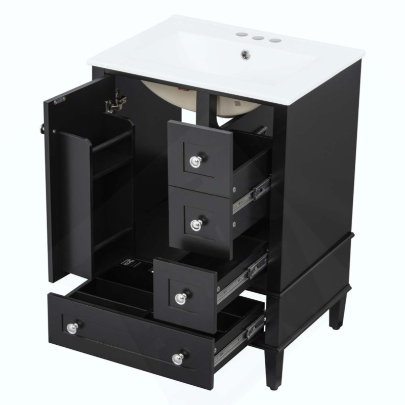 Meuble-lavabo de salle de bain avec lavabo intégré en céramique, avec tablette à double couche, tiroirs à fermeture en douceur et porte d'armoire à fermeture en douceur.