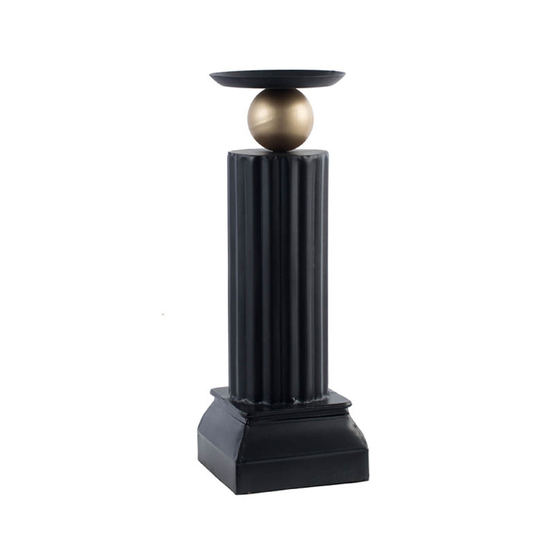 Lemo Candle Holder, Gold Sphere Accent, 18 Inch Black Iron Column Pillar, 17.7'' H x 5.1'' W x 5.1'' D