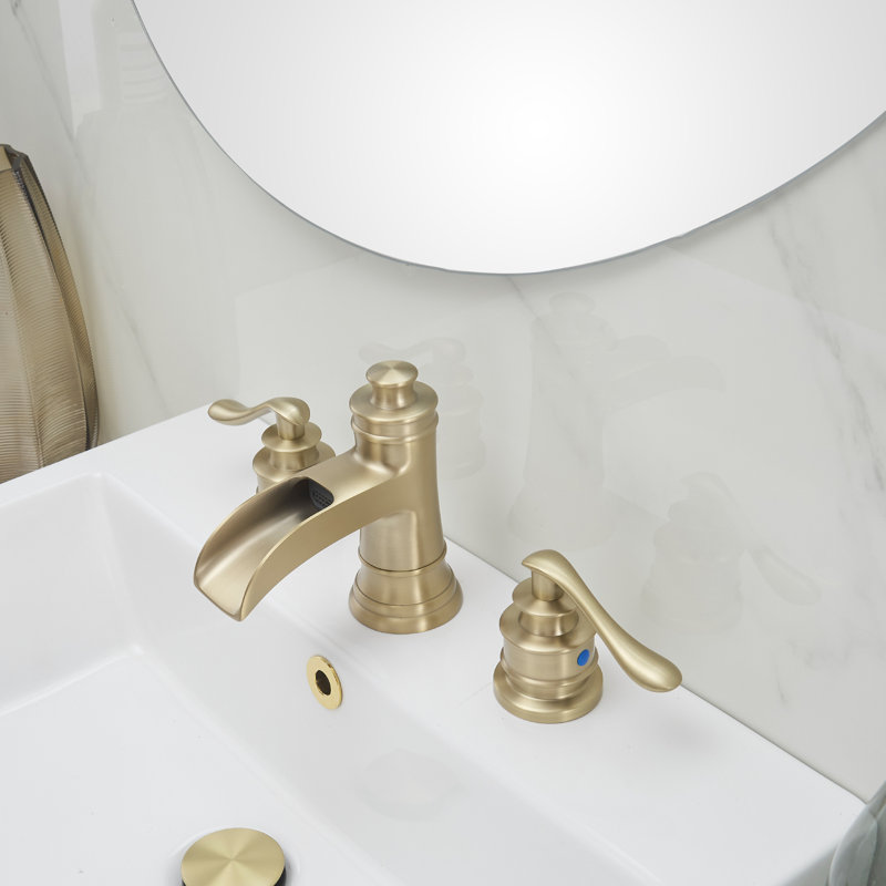 8 In. Widespread Double Handle Waterfall Bathroom Faucet With Pop-Up Drain Assembly In Spot Resist Brushed Gold