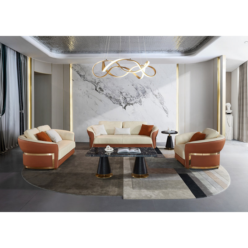 3 - Piece Living Room Set, Beige/Cognac Genuine Leather