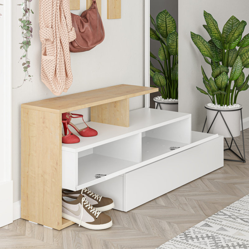 Modern Hall Stand with Mirror & Coat Rack, White & Oak | 100% Melamine Coated Particle Board, Dimensions: 53.9 x 21.7 x 13.8 inches | Soft-Close Hinges, Wall-Mountable, Multiple Shelves for Stylish Organization