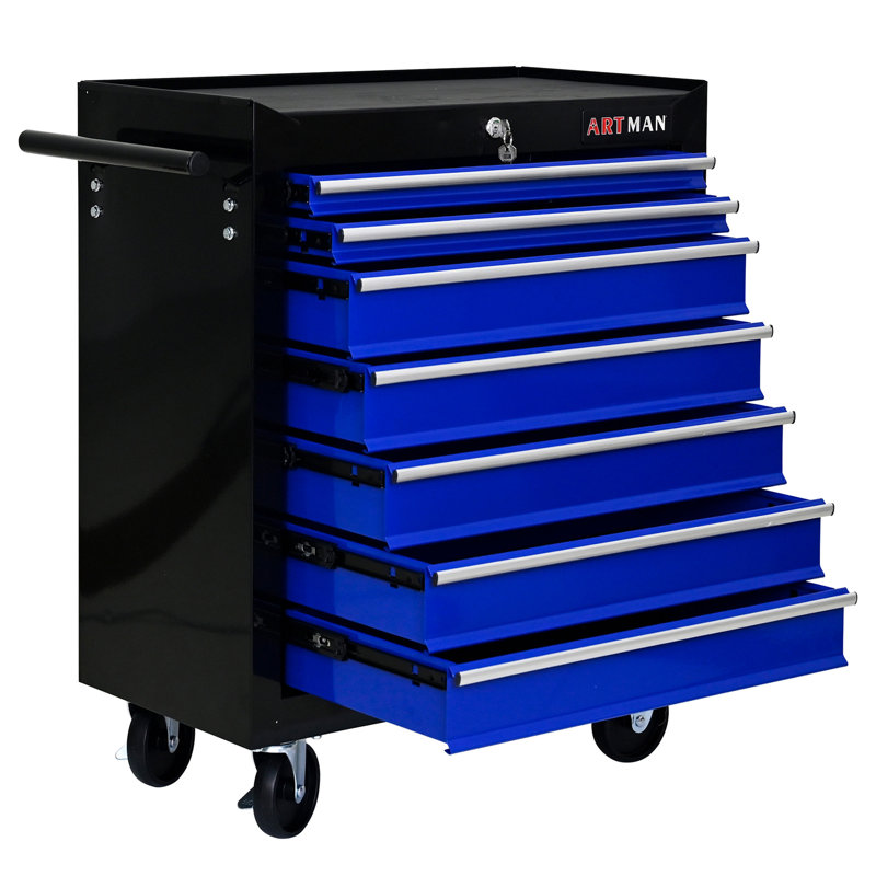 7 DRAWERS MULTIFUNCTIONAL TOOL CART WITH WHEELS, Black/Blue
