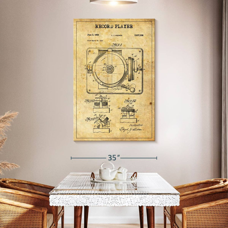 Disque tourne-disque brevet sur toile, H 51 po x l 34 po x P 1,25 po