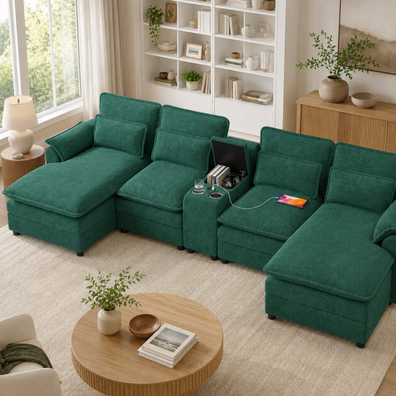 Canapé modulaire en U de 133,9 po de largeur à 4 places avec méridienne double, console de rangement, porte-gobelets et charge USB