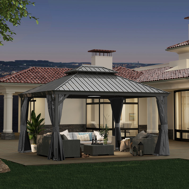 14 Ft. W x 12 Ft. D Galvanized Steel Patio Gazebo with Double Roof, Gray