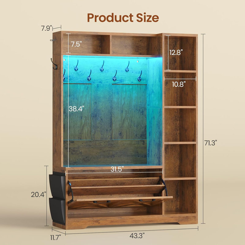 Largeur 43,3 po avec banc et rangement pour chaussures Coleon, Brun rustique