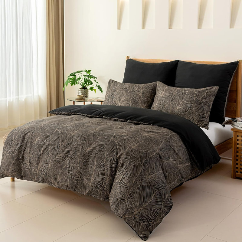 Microfiber Floral Duvet Cover with Pillowcases, Black/Khaki