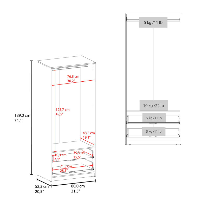 Armoire Wenden, portes doubles, deux tiroirs, tringle suspendue et tablettes intérieures, garde-robe