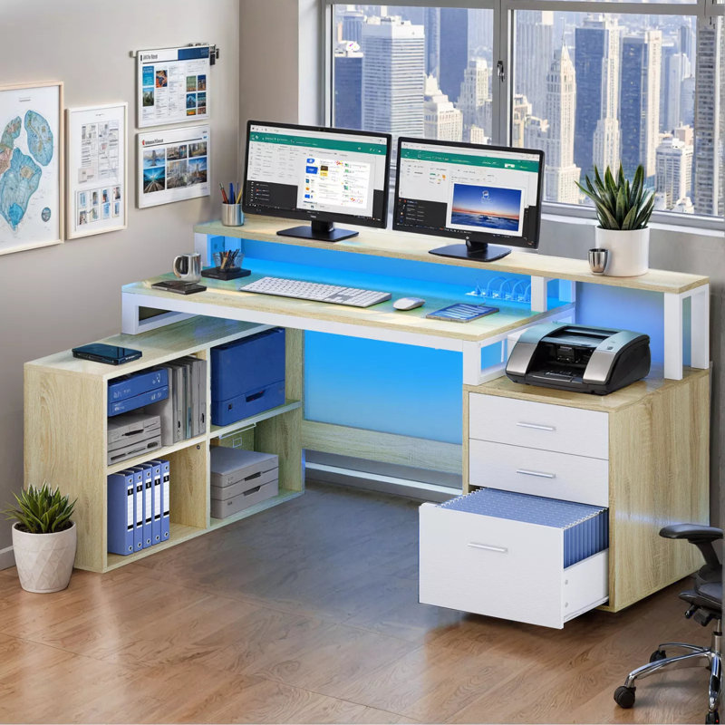 Balconera 65'' L Shaped Desk With Power Outlets, LED Lights & Monitor Stand, Brown