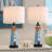 Set Of 2 Lighthouse Table Lamps With Night Light, Coastal Nautical Bedside Lamp With USB Ports & Free Bulbs, Blue Resin Base