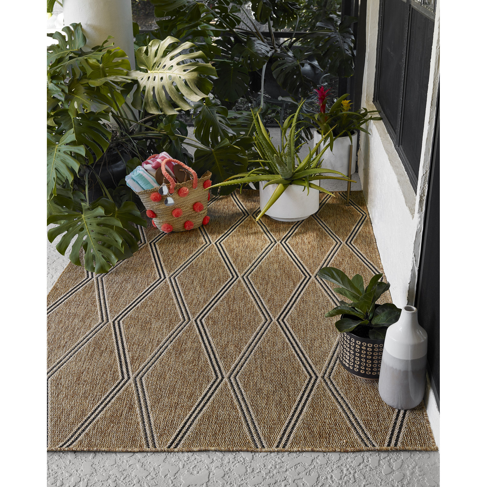 Twill Brown Beige Geometric Outdoor Rug, Rectangle 4'1" x 6'