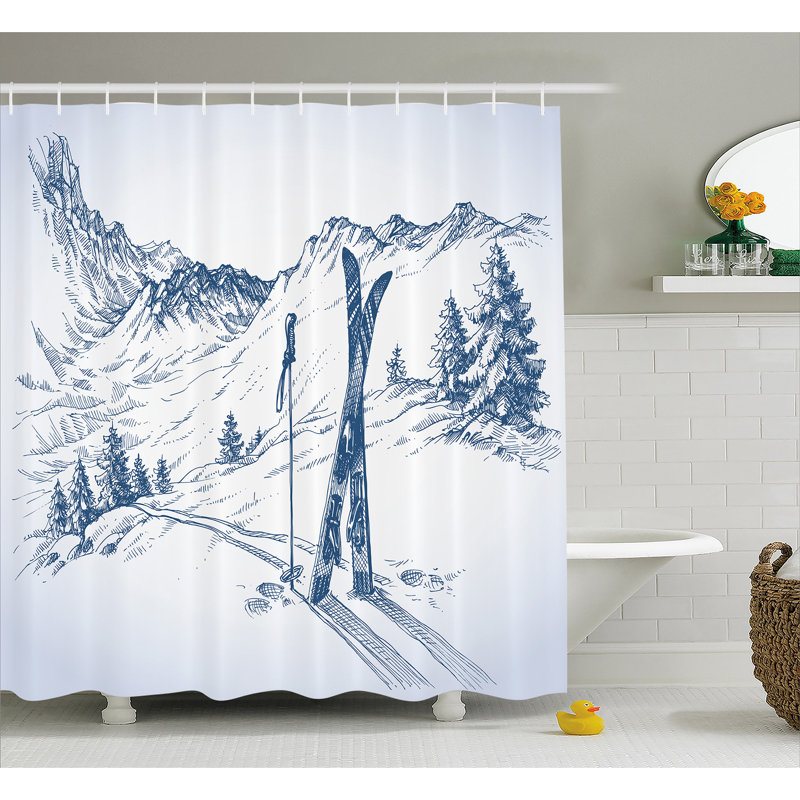 Pale Blue and White Ski Scene Fabric Shower Curtain