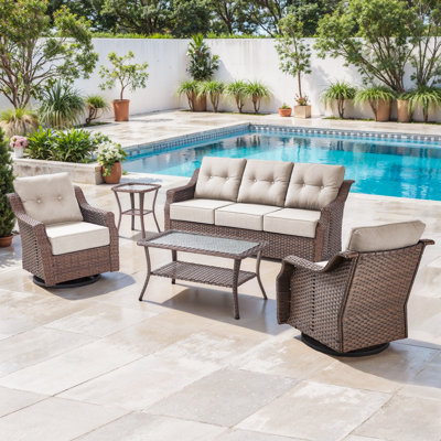 Acton 5 - Pieces Outdoor Wicker Sofa Seating Group With Table And 6" Thick Cushions by Lark Manor