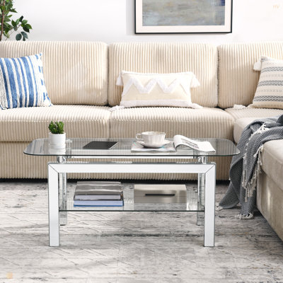 Table basse rectangulaire en verre trempé pour le salon, table basse pour la salle d'attente, table basse moderne avec pieds en acier inoxydable à miroir, plateau de table en verre avec tablette inférieure