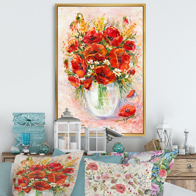Red Spring Floral, peinture - sur, H 20 po x l 12 po x P 1 po, Cadre flottant doré