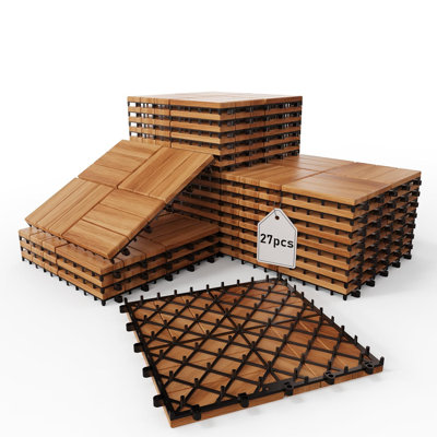 27-Pack 12" x 12" Acacia Wood Interlocking Deck Tiles for Patio, Balcony, Deck, and Garden Flooring