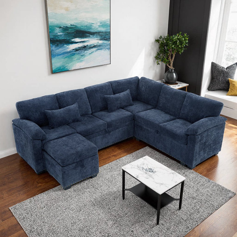 Canapé modulaire en L de 97 po à 7 places avec repose-pieds et coussins de rangement, chenille moderne beige, Bleu très foncé