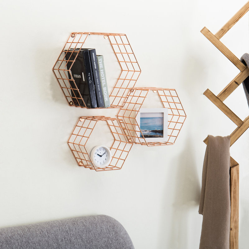Mthimunye 3 Piece Hexagon Metal Floating Shelf, Copper