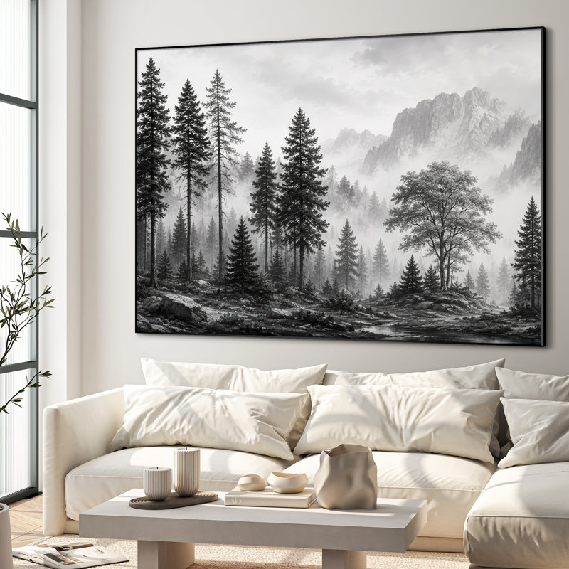 Très grand art mural imprimé sur bois - Forêt de pin brumeux noir rustique - "Assemblage requis (cadre non fini)"