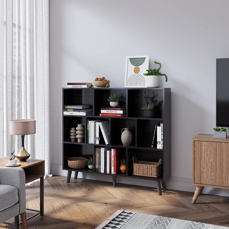 WAHEY Bookcase, 10 Cube Open Storage Display Bookshelf With Legs, HOFB013, 36.8"H x 47.2"W x 9.4"D, Obsidian Wood