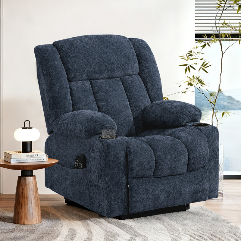Power Lift Zero Gravity Recliner With Massage Heat Cup Holders  Side Pocket and USB Port, Chenille, Blue