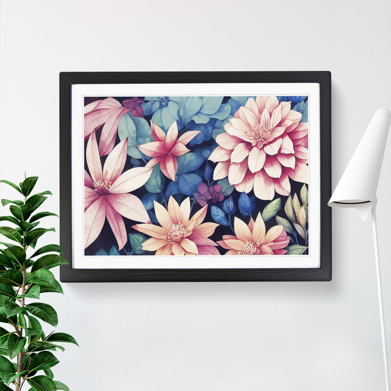Boundless Watercolour Flowers - Single Picture Frame Painting, Black Framed, 46cm H x 64cm W x 2cm D