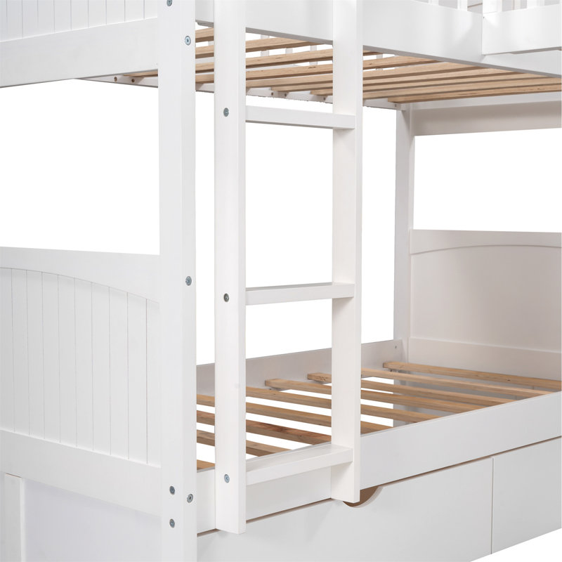 Lit simple superposé avec lit mezzanine attaché et deux tiroirs, Blanc