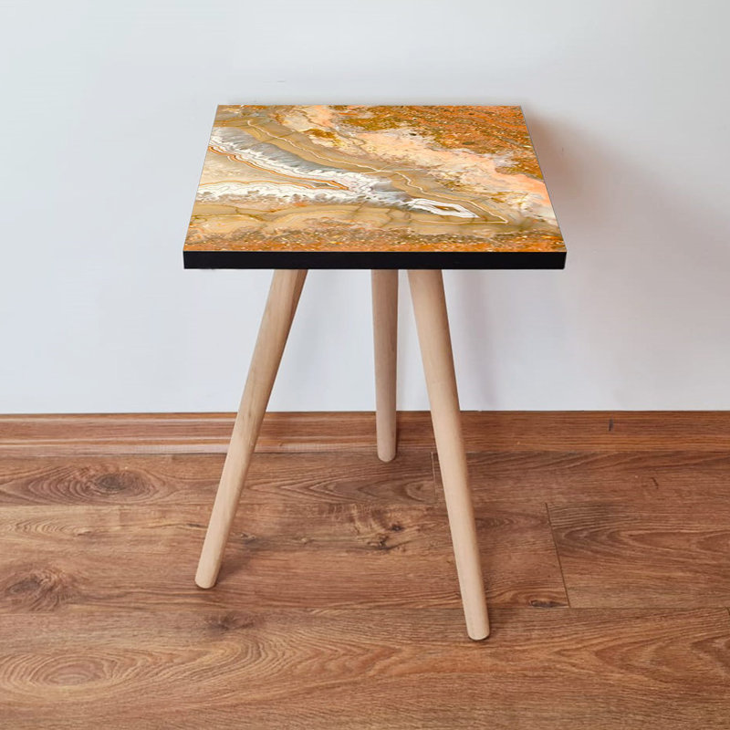 Table d'appoint moderne avec pieds en bois de hêtre, design orange et beige marbré, 13,8 x 16,5 x 13,8 pouces | Fabrication 100% bois aggloméré, épaisseur: 0,7 po | Décoration élégante et fonctionnelle pour le salon ou la chambre à coucher