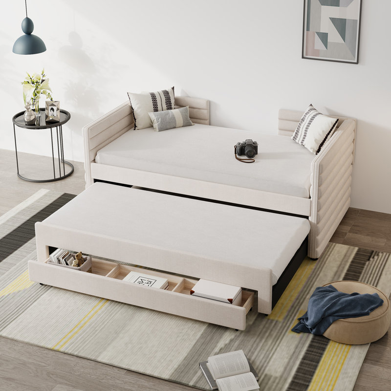 3 Drawers Upholstered Daybed With Trundle, White