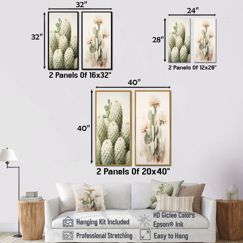 Cactus minimaliste beige et vert - Cactus sur toile, ensemble de 2, H 28 po x l 25 po, Toile tendue