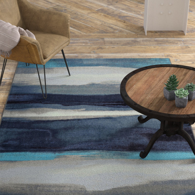 Tapis bleu / gris à motif abstrait touffeté Labomber, Rectangle 7 pi 6 po x 9 pi 6 po
