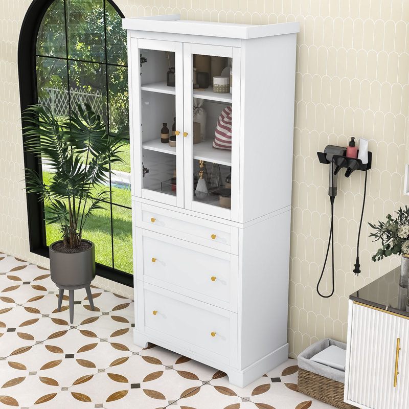 Grande armoire de rangement moderne avec portes en verre, tablettes et tiroirs, Blanc