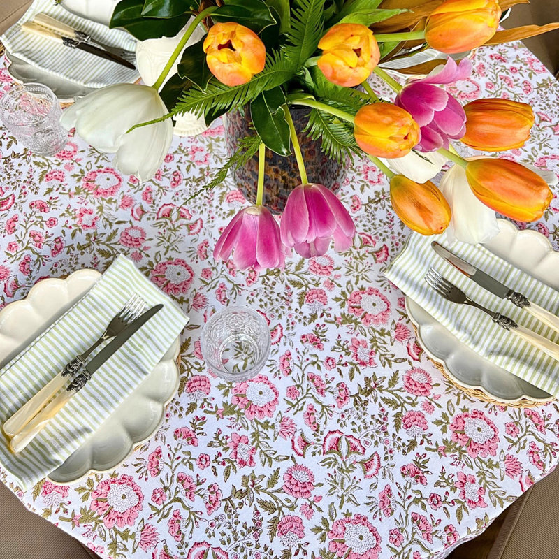 Beatrice Round Tablecloth - Pink And Green, 70" Round