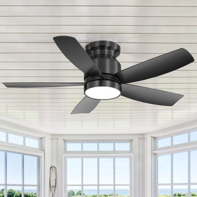 Rachel 42" 5-ABS Blade Modern Rustic Classic Flush Mount Ceiling Fan With Light, Remote, DC, Black