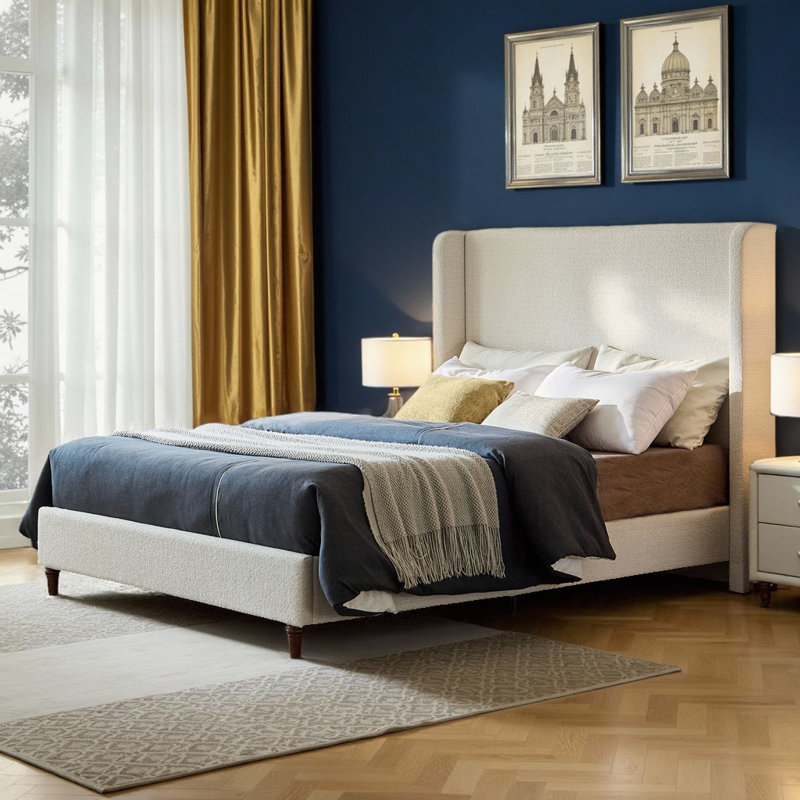 Lit plateforme grand / très grand 54 "avec tête de lit Boucle - Lit à oreilles élégant, aucun sommier nécessaire, Grand lit