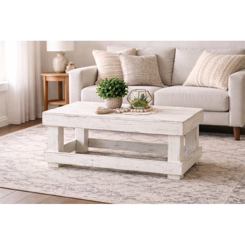 40” Reclaimed Wood Coffee Table – Whitewashed Rustic Farmhouse Table | Solid Wood, Handmade, Fully Assembled, Solid White
