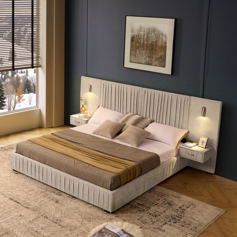 Structure de lit tapissier très grand avec tissu en chenille à motif plissé, lit plateforme très grand avec base et tête de lit solide et table de chevet