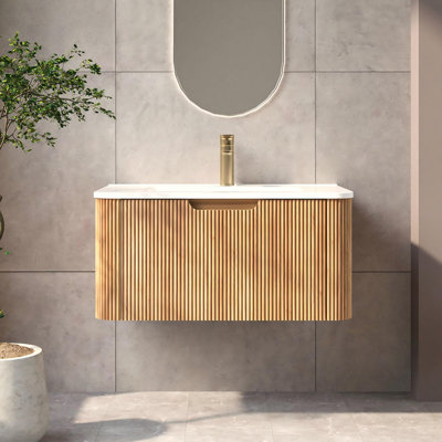 Meuble-lavabo mural moderne Elowen 30 po avec comptoir intégré, bois naturel, armoire préassemblée