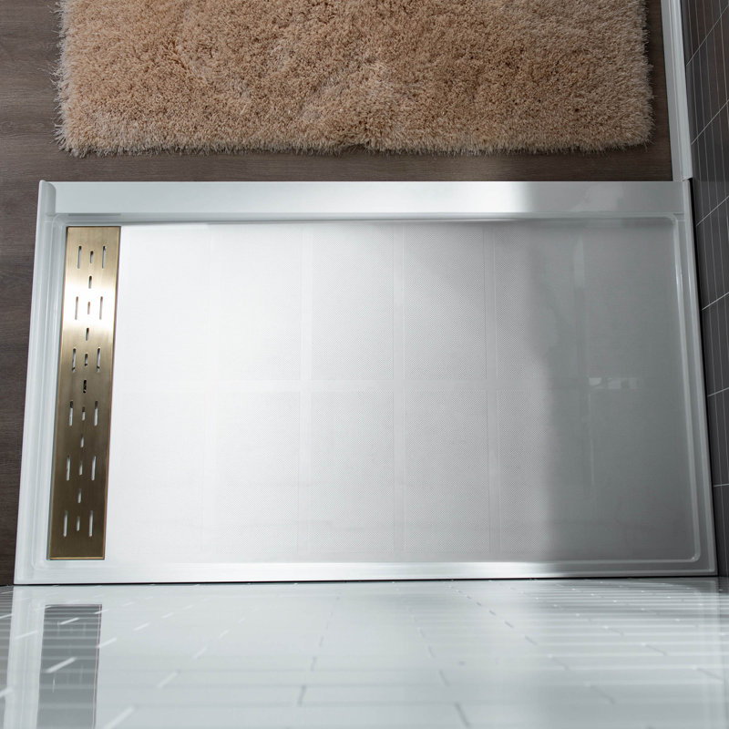 60" W x 34" D Single Threshold Shower Pan Base with Drain Assembly & Drain Cover Included, Non-Slip, Left, Brushed Gold