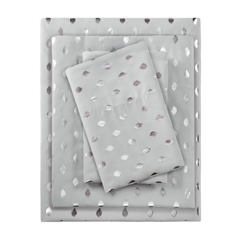 Metallic Polka Dot Printed Sheet Set, Twin Sheet Set + 1 Fitted Sheet + 2 Pillowcases, Gray/Silver