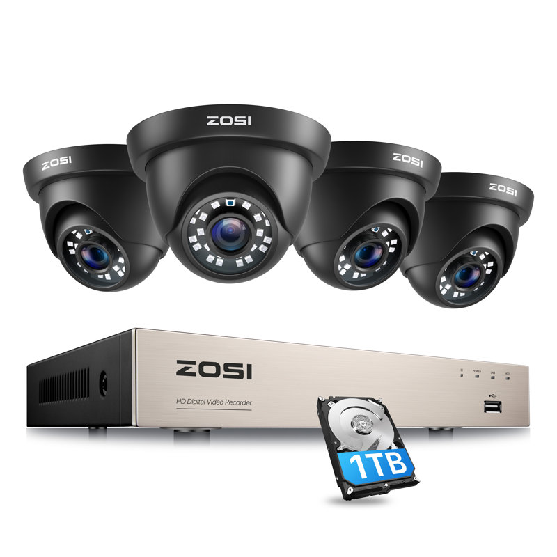 Système de caméra de sécurité 8CH DVR avec 1 To de disque dur, 4 caméscopes d'extérieur avec fil 2MP, détection de mouvement