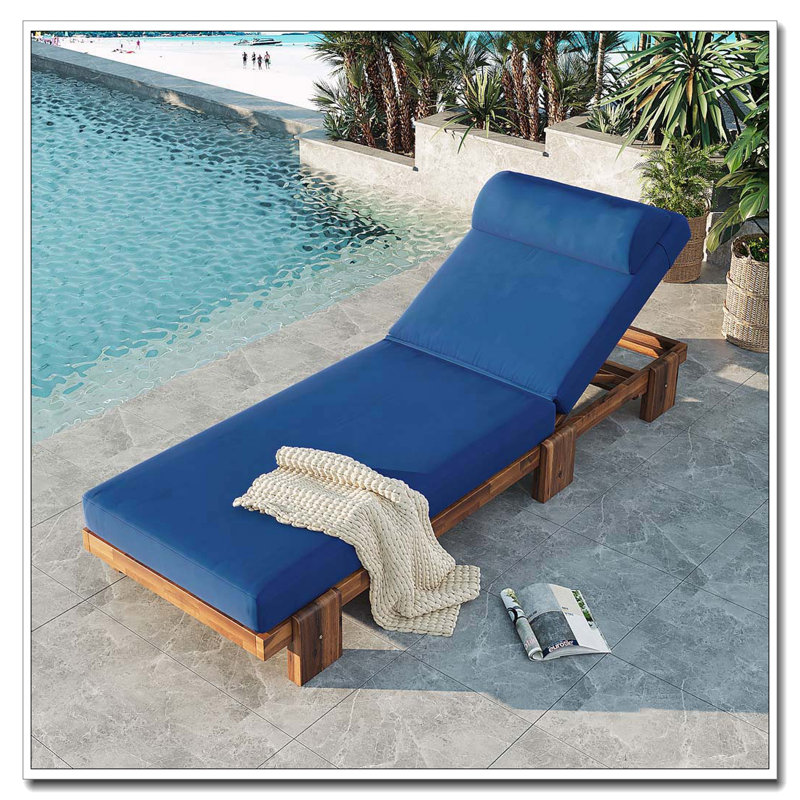 Acacia Wood Chaise Lounge Chair with Adjustable Backrest, Retractable Side Tray, and Headrest, Dark Gray