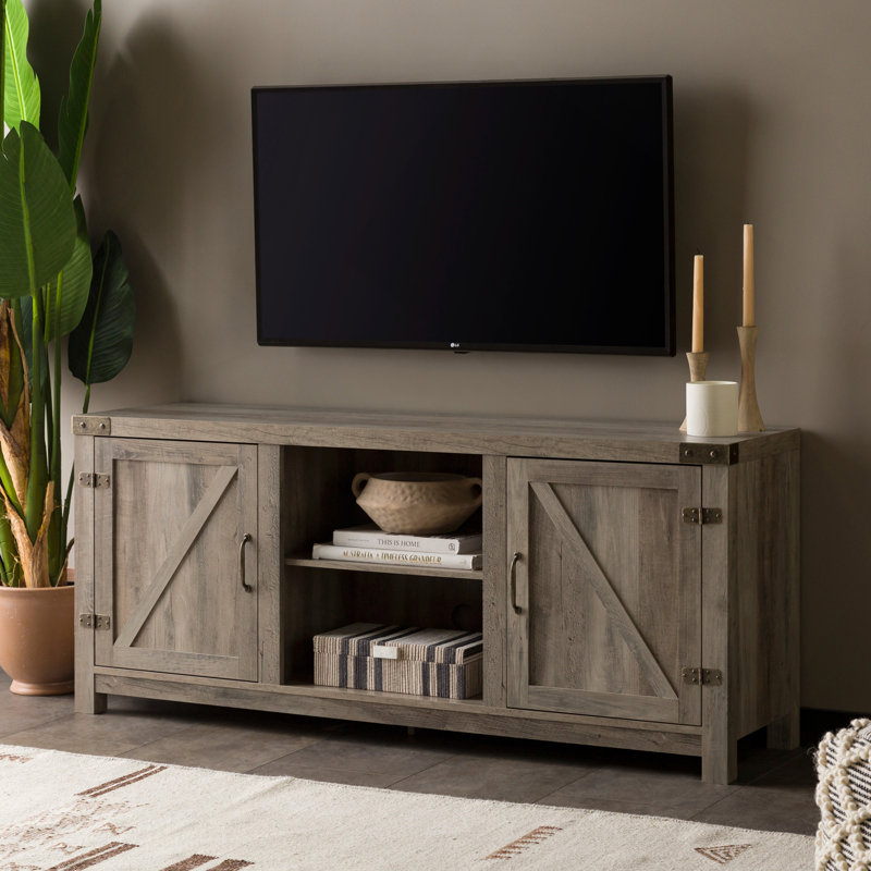 Meuble télé 70 po avec tablettes centrales Rustic Farmhouse, 24"H x 70"L x 15.75"W, Stone Grey